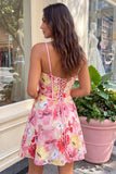 Pink Floral Corset A-Line Spaghetti Straps Lace Up Back Homecoming Dress with Bow