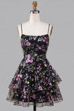 A-Line Black Spaghetti Straps Tiered Floral Lace Up Back Homecoming Dress with Sequins