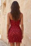 Strapless Burgundy Bodycon Fringed Short Homecoming Dress with Sequins