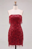 Strapless Burgundy Bodycon Fringed Short Homecoming Dress with Sequins