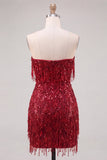 Strapless Burgundy Bodycon Fringed Short Homecoming Dress with Sequins