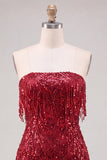 Strapless Burgundy Bodycon Fringed Short Homecoming Dress with Sequins