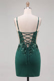 Dark Green Corset Bodycon Spaghetti Straps Floral Short Homecoming Dress with Lace Up Back
