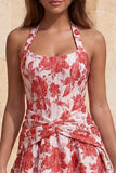 Light Blue A-Line Halter Neck Jacquard Floral Corset Homecoming Dress
