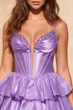 A-Line Gold Corset Tiered Beaded Short Homecoming Dress with Lace Up Back