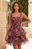 Red Flower Square Neck Tiered A-Line Short Homecoming Dress