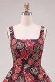 Red Flower Square Neck Tiered A-Line Short Homecoming Dress