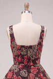 Red Flower Square Neck Tiered A-Line Short Homecoming Dress