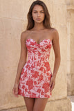 Sweetheart Red Corset Bodycon Floral Ruched Short Homecoming Dress