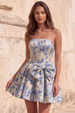 Red A-Line Strapless Corset Jacquard Floral Homecoming Dress with Bow