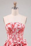 Red A-Line Strapless Corset Jacquard Floral Homecoming Dress with Bow