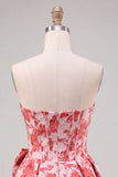Red A-Line Strapless Corset Jacquard Floral Homecoming Dress with Bow