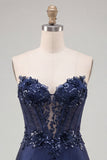 Navy Sweetheart Corset Bodycon Floral Sequins Satin Short Homecoming Dress