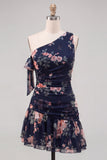 One Shoulder Black Chiffon A-Line Floral Homecoming Dress with Ruffles