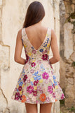 Fuchsia Flower V-Neck Sequins A-Line Short Homecoming Dress