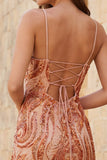 Orange Bodycon Spaghetti Straps Sequins Short Homecoming Dress with Lace Up Back
