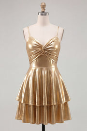 Gold A-Line Metallic Tiered Spaghetti Straps Short Cocktail Dress