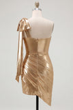 Red One Shoulder Metallic Ruched Asymmetrical Short Homecoming Dress with Bow