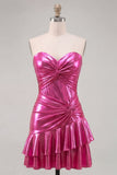 Sweetheart Fuchsia A-Line Metallic Ruched Tiered Short Homecoming Dress