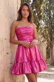 Strapless Metallic Gold Ruched A-Line Short Homecoming Dress with Ruffles