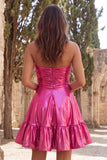 Strapless Metallic Gold Ruched A-Line Short Homecoming Dress with Ruffles