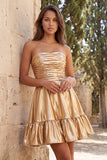 Strapless Metallic Gold Ruched A-Line Short Homecoming Dress with Ruffles