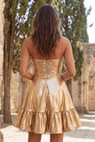 Strapless Metallic Gold Ruched A-Line Short Homecoming Dress with Ruffles
