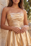 Strapless Metallic Gold Ruched A-Line Short Homecoming Dress with Ruffles