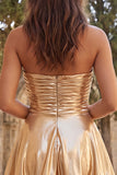 Strapless Metallic Gold Ruched A-Line Short Homecoming Dress with Ruffles
