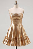 Strapless Metallic Gold Ruched A-Line Short Homecoming Dress with Ruffles