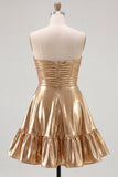 Strapless Metallic Gold Ruched A-Line Short Homecoming Dress with Ruffles