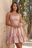 Strapless Metallic Gold Ruched A-Line Short Homecoming Dress with Ruffles