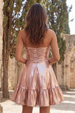 Strapless Metallic Gold Ruched A-Line Short Homecoming Dress with Ruffles