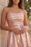 Strapless Metallic Gold Ruched A-Line Short Homecoming Dress with Ruffles