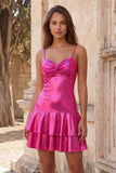 Fuchsia Metallic Ruched A-Line Tiered Spaghetti Straps Short Homecoming Dress
