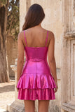 Fuchsia Metallic Ruched A-Line Tiered Spaghetti Straps Short Homecoming Dress