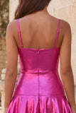 Fuchsia Metallic Ruched A-Line Tiered Spaghetti Straps Short Homecoming Dress