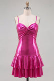 Fuchsia Metallic Ruched A-Line Tiered Spaghetti Straps Short Homecoming Dress