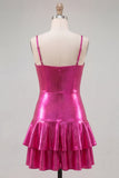 Fuchsia Metallic Ruched A-Line Tiered Spaghetti Straps Short Homecoming Dress