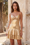 Fuchsia Metallic Ruched A-Line Tiered Spaghetti Straps Short Homecoming Dress