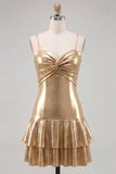 Fuchsia Metallic Ruched A-Line Tiered Spaghetti Straps Short Homecoming Dress