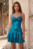 Fuchsia Metallic Ruched A-Line Tiered Spaghetti Straps Short Homecoming Dress
