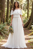 Off the Shoulder Ivory A-Line Long Tulle Wedding Dress