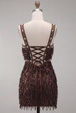 Brown Bodycon Sequins Fringed Short Homecoming Dress with Pearls