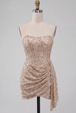 Sparkly Champagne Strapless Bodycon Sequins Corset Short Homecoming Dress with Sash
