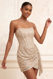 Sparkly Champagne Strapless Bodycon Sequins Corset Short Homecoming Dress with Sash
