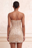 Sparkly Champagne Strapless Bodycon Sequins Corset Short Homecoming Dress with Sash