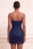 Sparkly Champagne Strapless Bodycon Sequins Corset Short Homecoming Dress with Sash