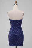 Sparkly Strapless Navy Bodycon Short Sequin Homecoming Dress