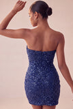 Sparkly Strapless Navy Bodycon Short Sequin Homecoming Dress